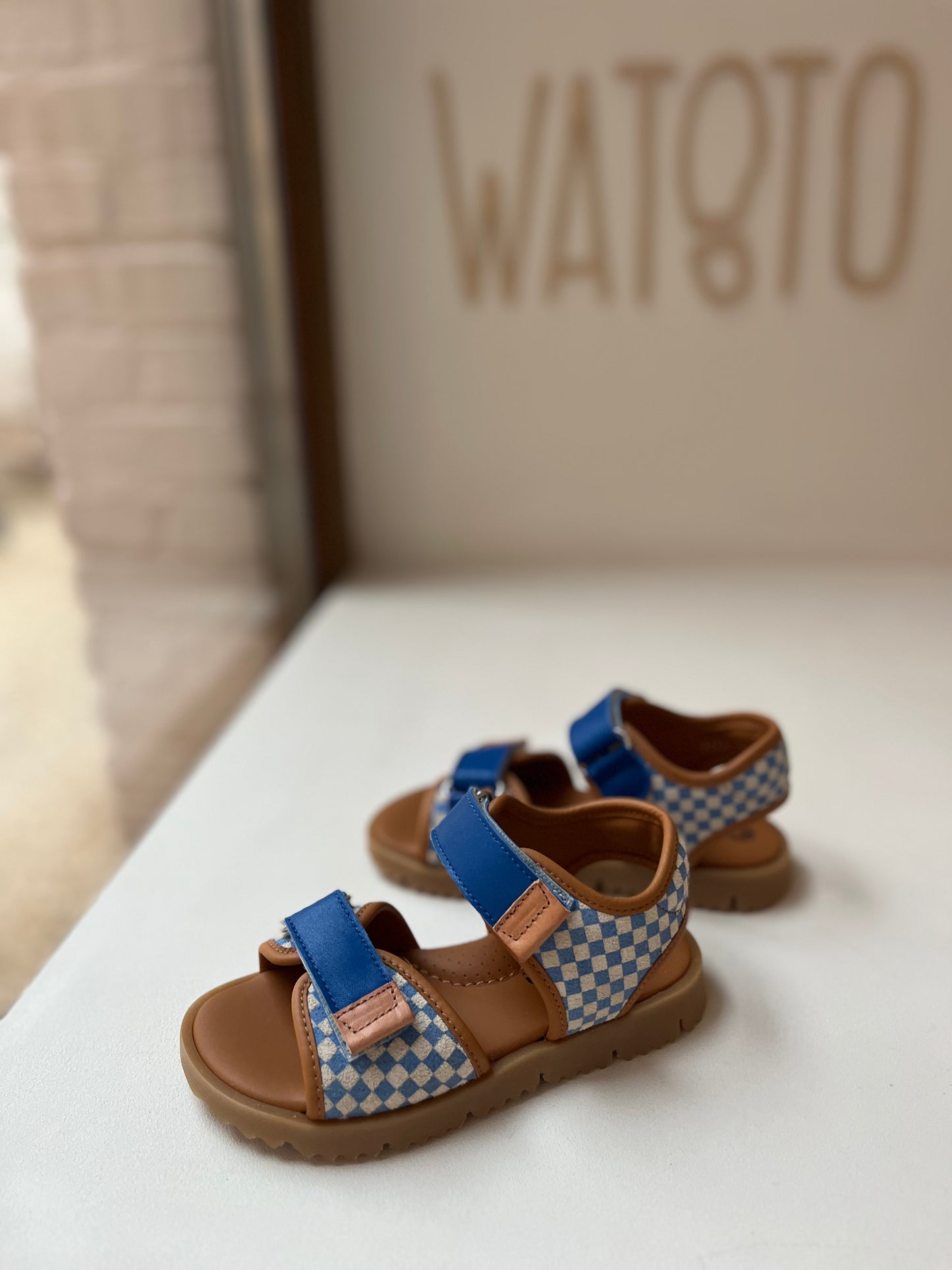 sandaal velcro - ruitjes blauw