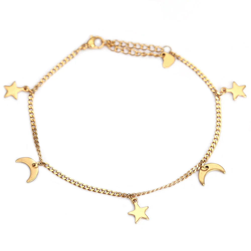 Gouden enkelbandje met maandjes en sterren