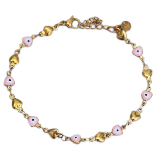 Gouden armband evil eye roze hart