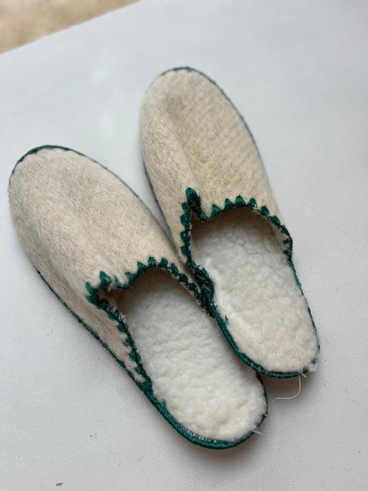 wollen pantoffel, groene bies